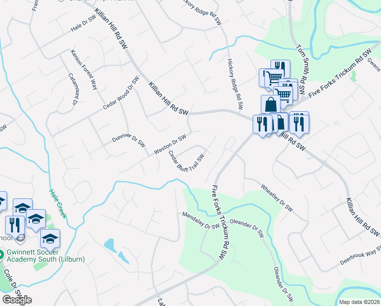 map of restaurants, bars, coffee shops, grocery stores, and more near 1051 Cedar Bluff Trail Southwest in Lilburn