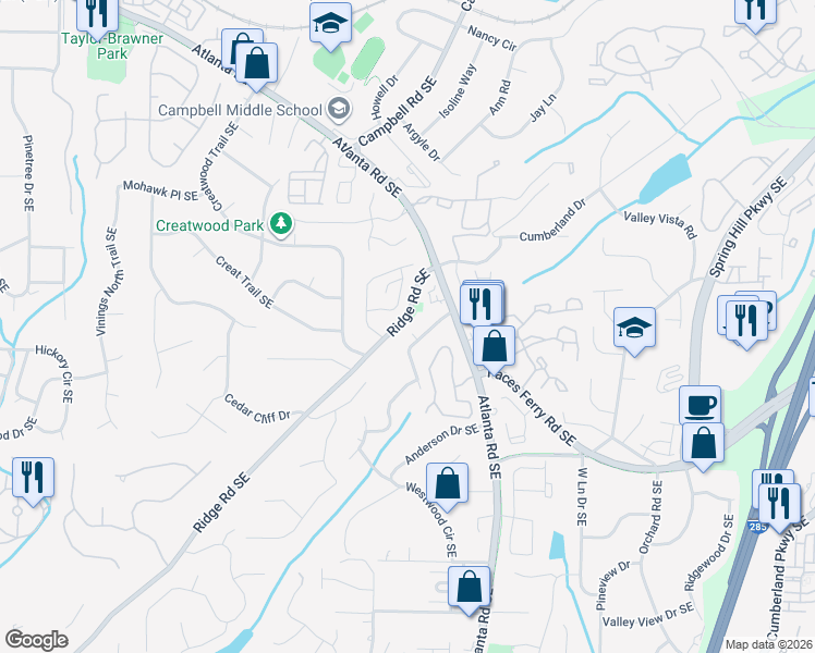 map of restaurants, bars, coffee shops, grocery stores, and more near 3612 Carson Lane Southeast in Smyrna