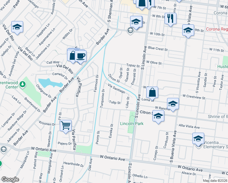 map of restaurants, bars, coffee shops, grocery stores, and more near 1577 Dahlia Circle in Corona