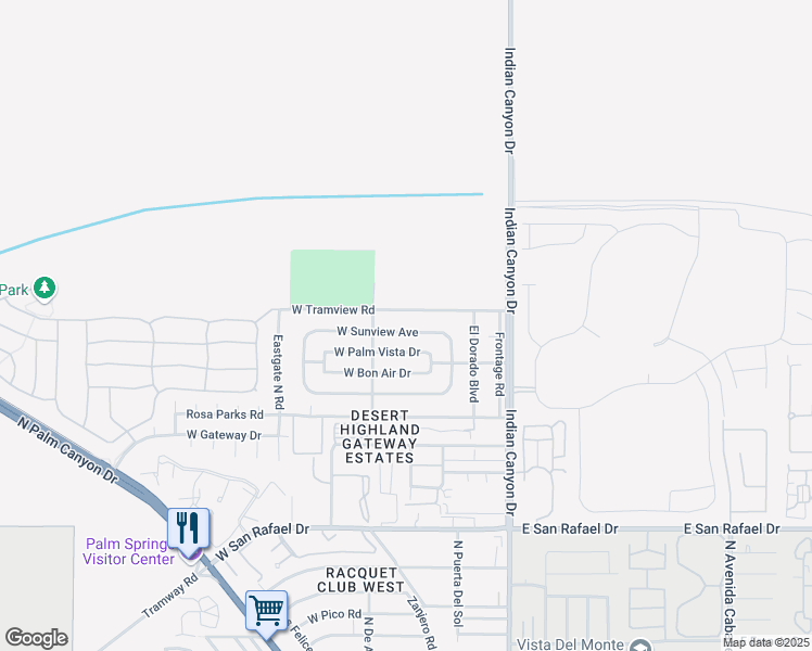 map of restaurants, bars, coffee shops, grocery stores, and more near 374 West Palm Vista Drive in Palm Springs