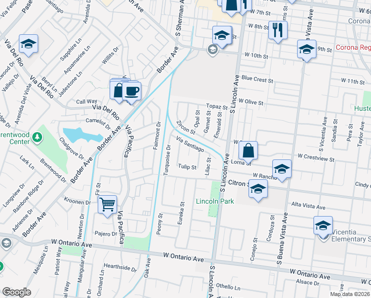 map of restaurants, bars, coffee shops, grocery stores, and more near 1577 Dahlia Circle in Corona