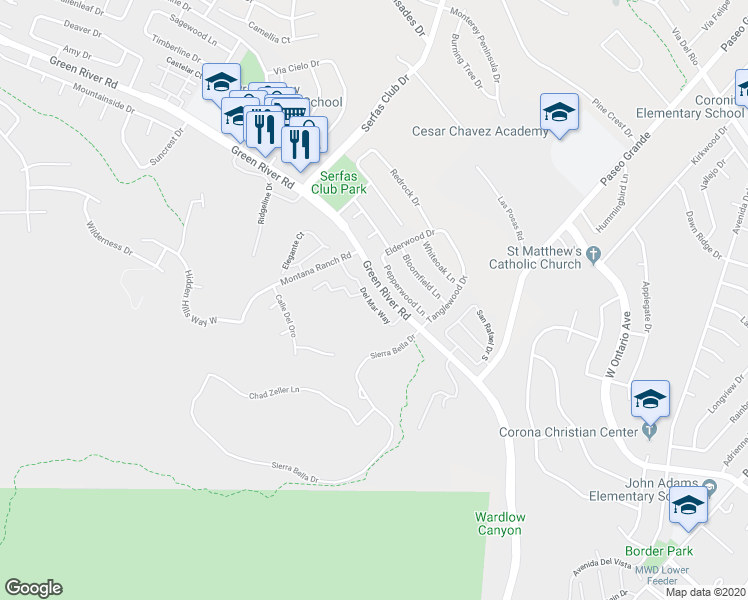 map of restaurants, bars, coffee shops, grocery stores, and more near 2325 Del Mar Way in Corona