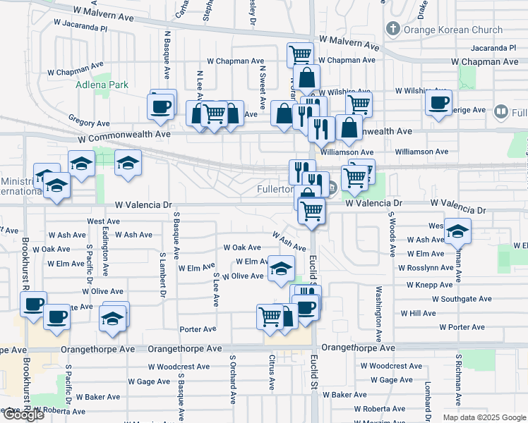 map of restaurants, bars, coffee shops, grocery stores, and more near 619 Anza Place in Fullerton