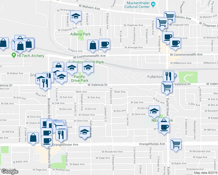 map of restaurants, bars, coffee shops, grocery stores, and more near 400 South Lambert Drive in Fullerton