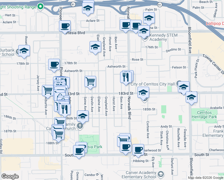 map of restaurants, bars, coffee shops, grocery stores, and more near 12036 183rd Street in Artesia