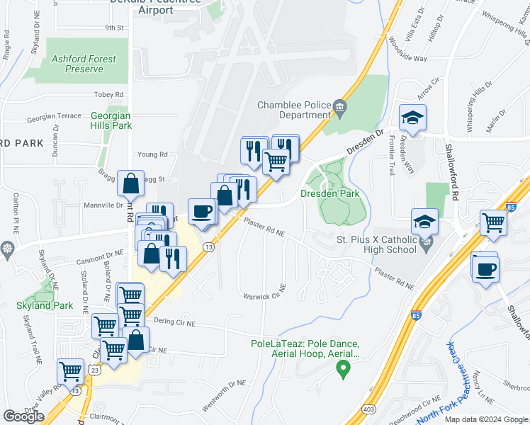 map of restaurants, bars, coffee shops, grocery stores, and more near 2128 Plaster Road Northeast in Atlanta