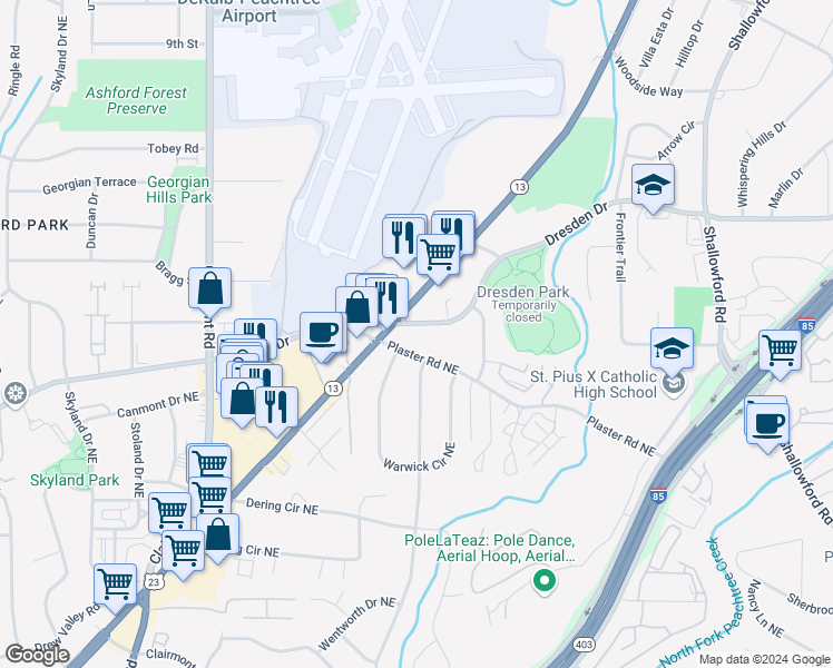 map of restaurants, bars, coffee shops, grocery stores, and more near 2159 Dresden Drive Northeast in Atlanta