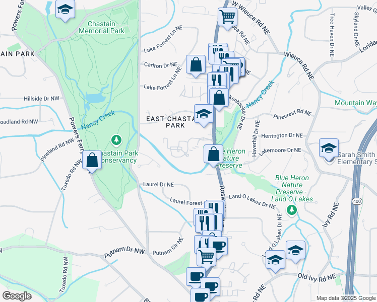map of restaurants, bars, coffee shops, grocery stores, and more near 3411 Chastain Drive Northeast in Atlanta