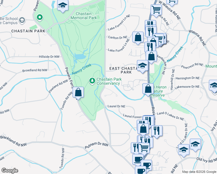 map of restaurants, bars, coffee shops, grocery stores, and more near 12 Rose Gate Drive Northeast in Atlanta