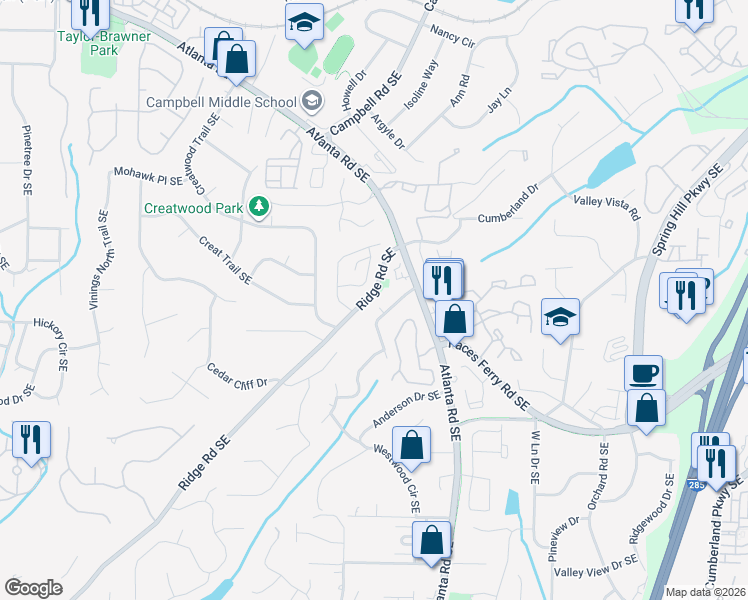 map of restaurants, bars, coffee shops, grocery stores, and more near 3612 Carson Lane Southeast in Smyrna