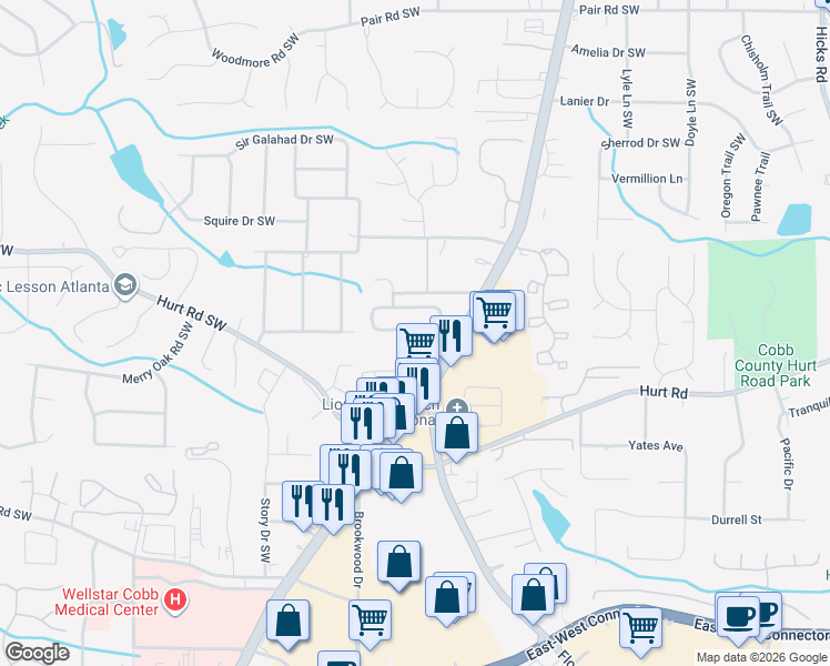 map of restaurants, bars, coffee shops, grocery stores, and more near 1383 Park Brooke Circle Southwest in Marietta