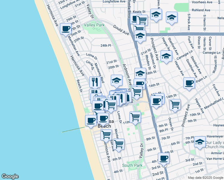 map of restaurants, bars, coffee shops, grocery stores, and more near 1645 Valley Drive in Hermosa Beach
