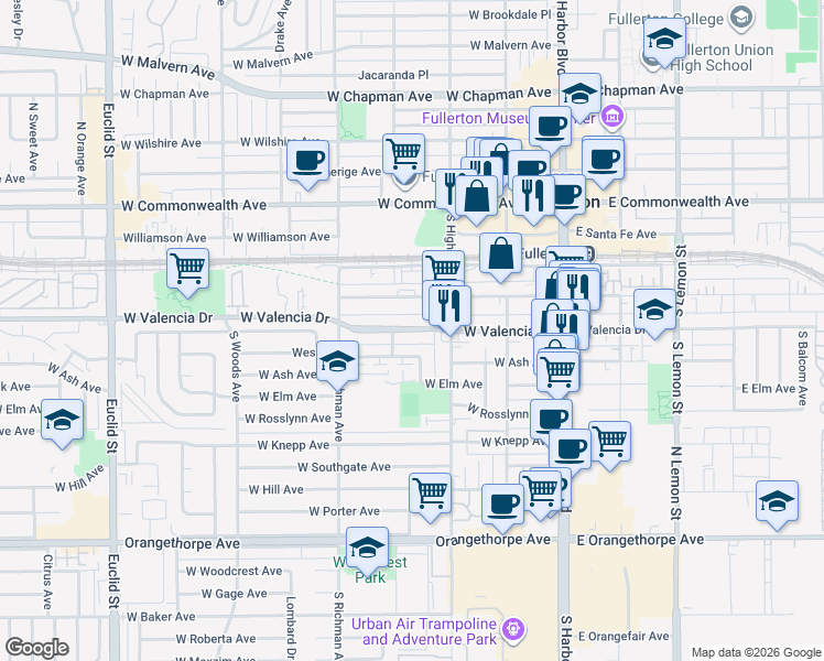 map of restaurants, bars, coffee shops, grocery stores, and more near 407 West Avenue in Fullerton