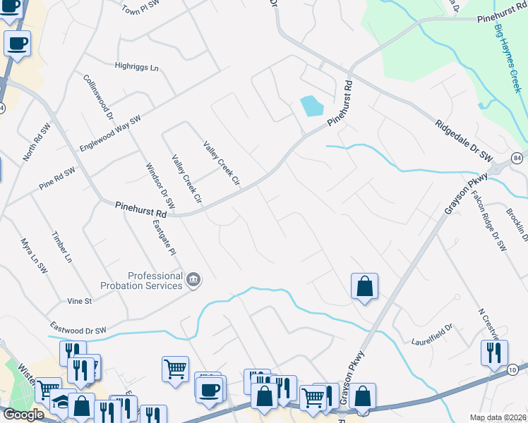 map of restaurants, bars, coffee shops, grocery stores, and more near 2357 Autumn Drive Southwest in Snellville