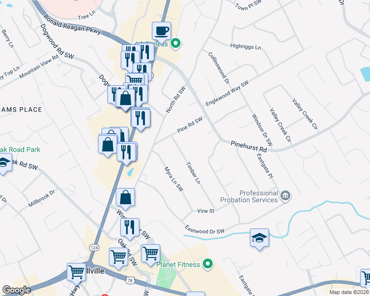map of restaurants, bars, coffee shops, grocery stores, and more near 2163 Timber Lane in Snellville