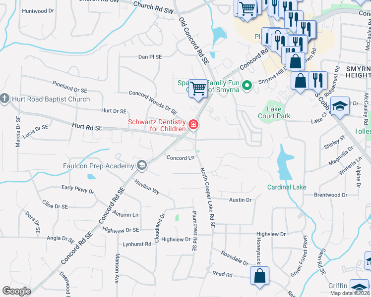 map of restaurants, bars, coffee shops, grocery stores, and more near 516 Concord Lane in Smyrna