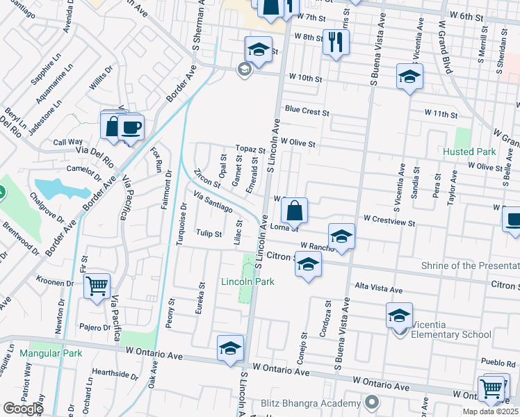 map of restaurants, bars, coffee shops, grocery stores, and more near 1102 Zircon Street in Corona