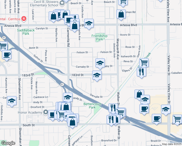 map of restaurants, bars, coffee shops, grocery stores, and more near 13554 Elgers Street in Cerritos
