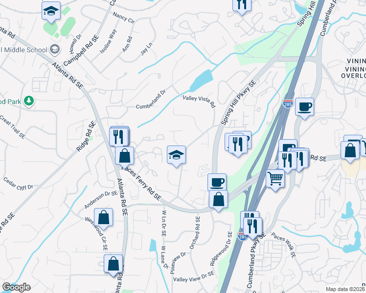 map of restaurants, bars, coffee shops, grocery stores, and more near 2595 Vinings Walk Southeast in Smyrna