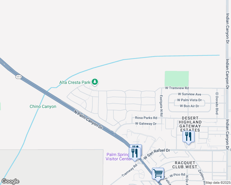 map of restaurants, bars, coffee shops, grocery stores, and more near 955 Alta Cresta in Palm Springs