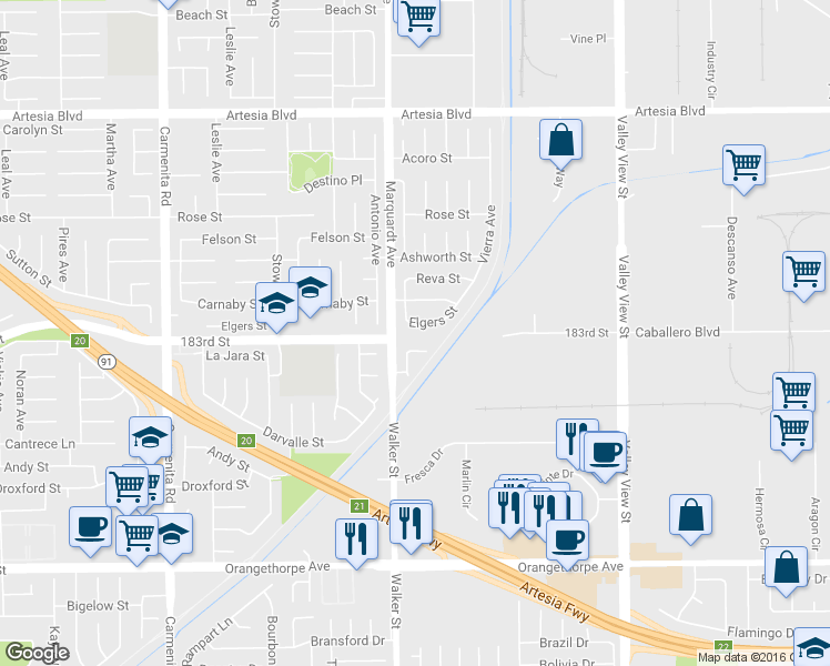 map of restaurants, bars, coffee shops, grocery stores, and more near 13822 Elgers Street in Cerritos