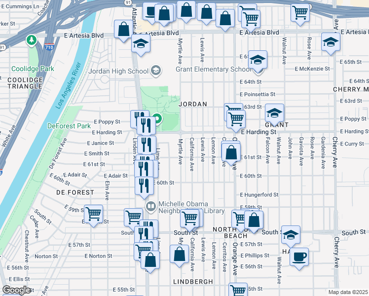 map of restaurants, bars, coffee shops, grocery stores, and more near 6132 Myrtle Avenue in Long Beach