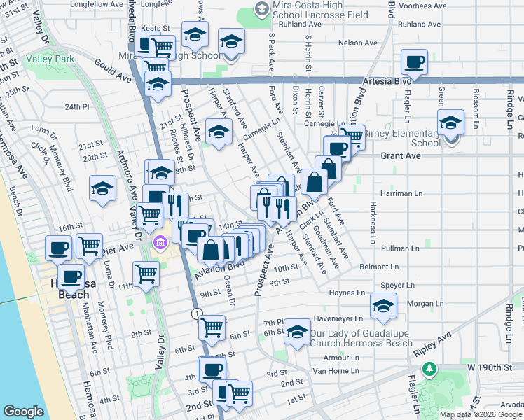 map of restaurants, bars, coffee shops, grocery stores, and more near 1213 14th Street in Hermosa Beach