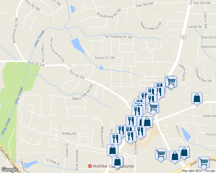 map of restaurants, bars, coffee shops, grocery stores, and more near 1646 Hurt Road Southwest in Marietta