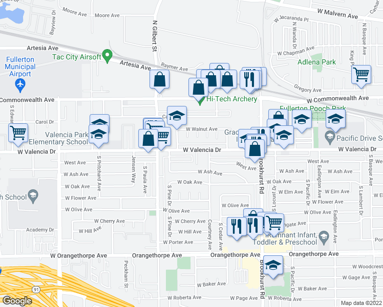 map of restaurants, bars, coffee shops, grocery stores, and more near 2100 West Valencia Drive in Fullerton