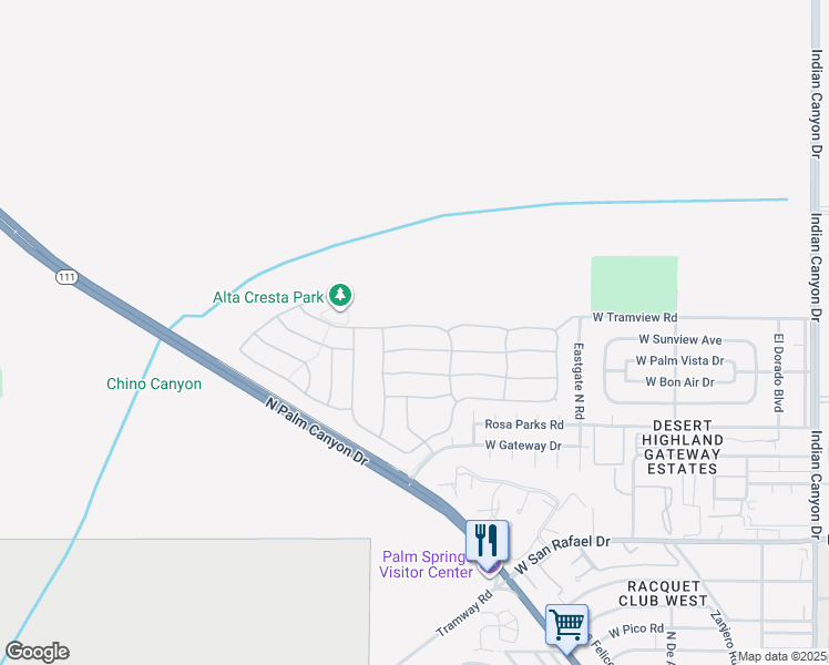 map of restaurants, bars, coffee shops, grocery stores, and more near 955 Alta Cresta in Palm Springs