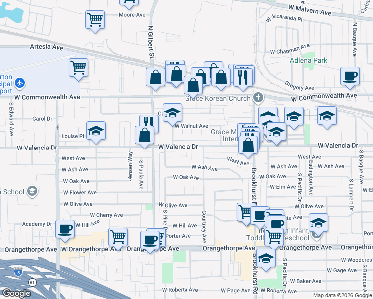 map of restaurants, bars, coffee shops, grocery stores, and more near 2100 West Valencia Drive in Fullerton