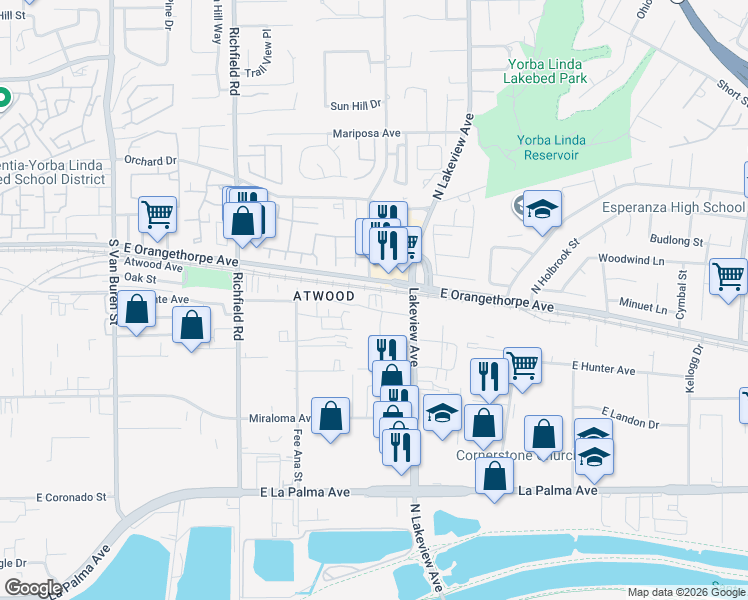 map of restaurants, bars, coffee shops, grocery stores, and more near 1964 Via De La Luna in Placentia