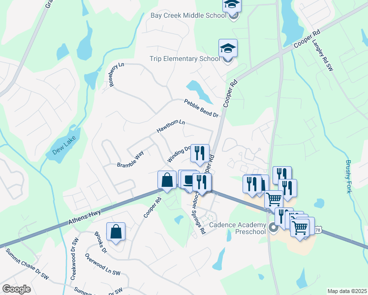 map of restaurants, bars, coffee shops, grocery stores, and more near 991 Winding Down Way in Grayson