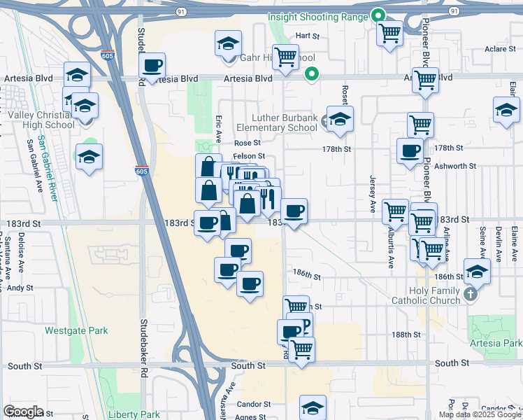 map of restaurants, bars, coffee shops, grocery stores, and more near 11345 Sharon Street in Cerritos