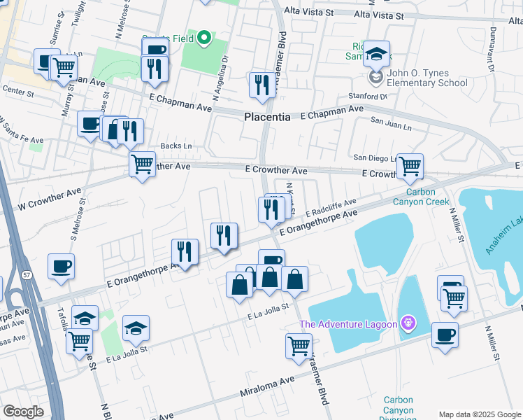 map of restaurants, bars, coffee shops, grocery stores, and more near 1746 North Pheasant Street in Anaheim