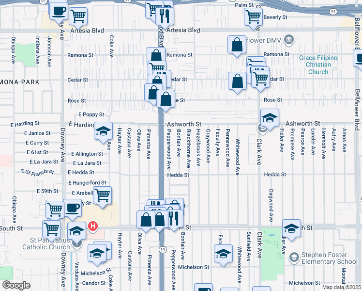 map of restaurants, bars, coffee shops, grocery stores, and more near 6112 Bonfair Avenue in Lakewood