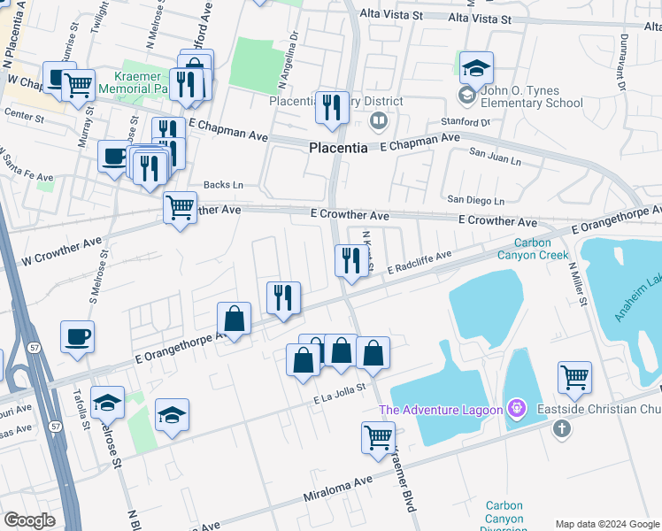 map of restaurants, bars, coffee shops, grocery stores, and more near 1746 North Pheasant Street in Anaheim