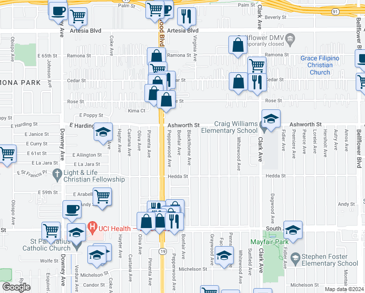 map of restaurants, bars, coffee shops, grocery stores, and more near 6112 Bonfair Avenue in Lakewood