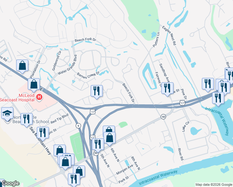 map of restaurants, bars, coffee shops, grocery stores, and more near 4430 Little River Inn Lane in Little River