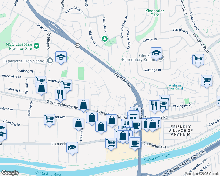 map of restaurants, bars, coffee shops, grocery stores, and more near 1778 North Willow Woods Drive in Anaheim