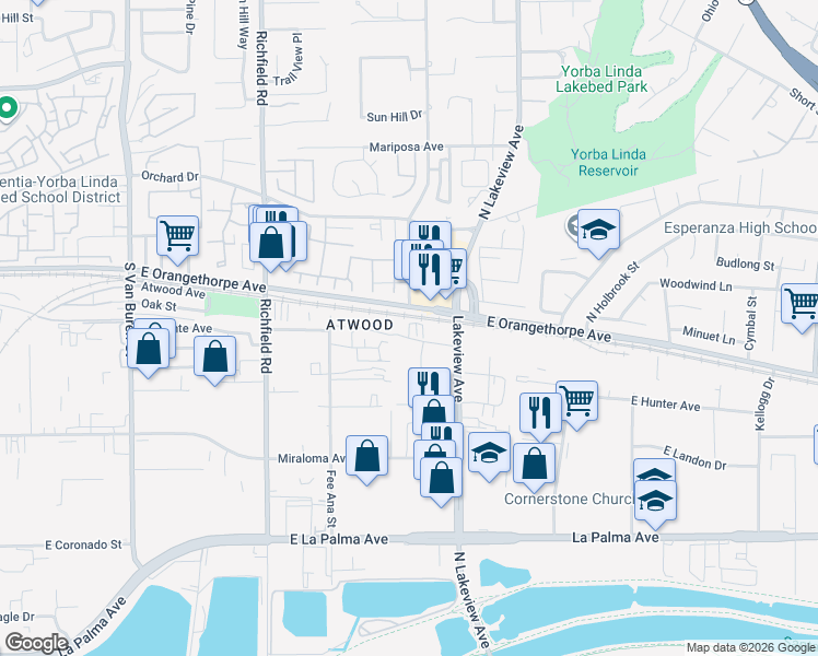 map of restaurants, bars, coffee shops, grocery stores, and more near 1956 Avenida Del Sol in Placentia