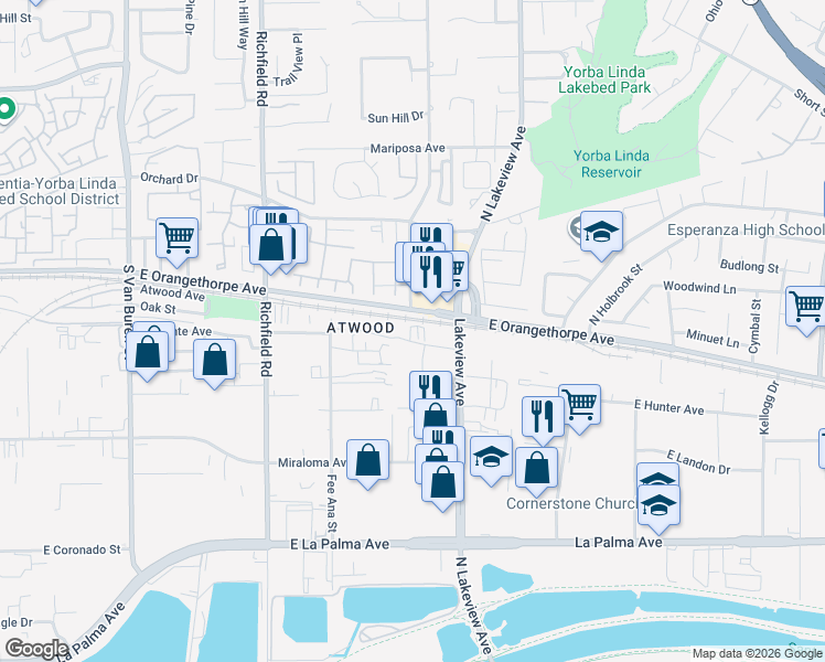 map of restaurants, bars, coffee shops, grocery stores, and more near 1956 Avenida Del Sol in Placentia