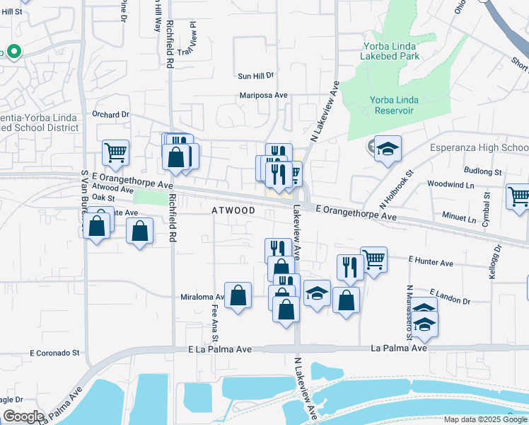 map of restaurants, bars, coffee shops, grocery stores, and more near 1953 Avenida Del Sol in Placentia