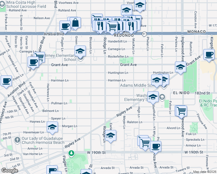 map of restaurants, bars, coffee shops, grocery stores, and more near 2205 Clark Lane in Redondo Beach