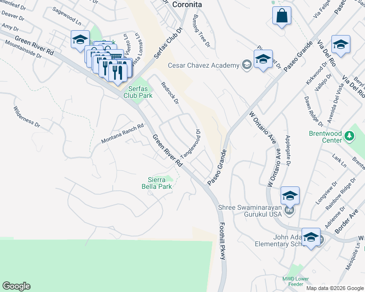 map of restaurants, bars, coffee shops, grocery stores, and more near 2299 Bloomfield Lane in Corona