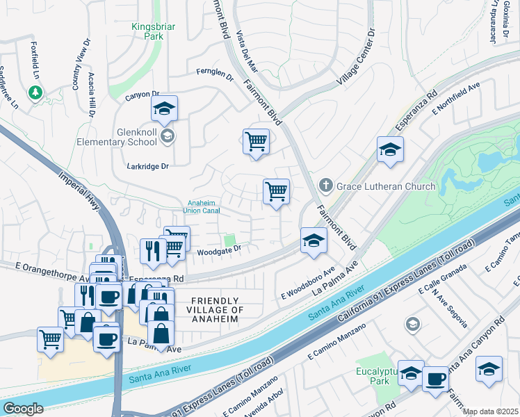 map of restaurants, bars, coffee shops, grocery stores, and more near 6473 Horse Shoe Lane in Yorba Linda