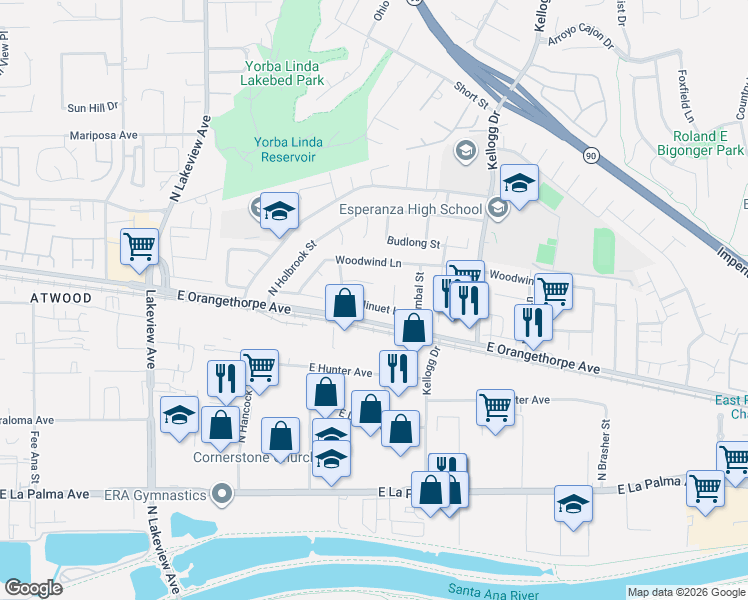 map of restaurants, bars, coffee shops, grocery stores, and more near 18571 East Tango Avenue in Anaheim