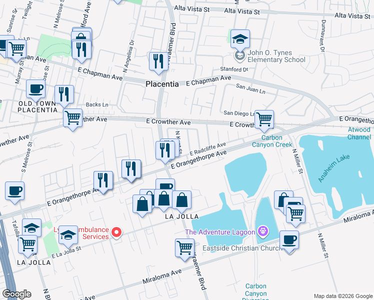 map of restaurants, bars, coffee shops, grocery stores, and more near 1744 North Kent Street in Anaheim