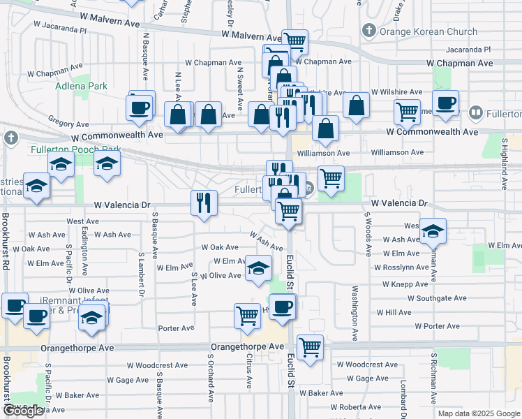 map of restaurants, bars, coffee shops, grocery stores, and more near 1101 West Valencia Drive in Fullerton