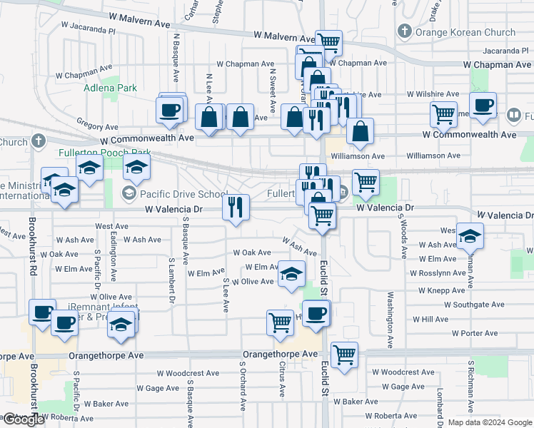 map of restaurants, bars, coffee shops, grocery stores, and more near 1201 West Valencia Drive in Fullerton